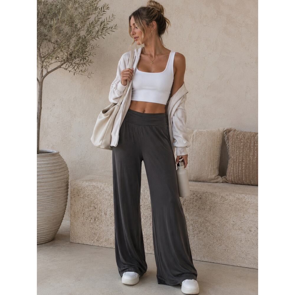 Ciara Sun Woo Brown Slinky Wide Leg Pants XL Stretch Pull-On Travel Minimalist